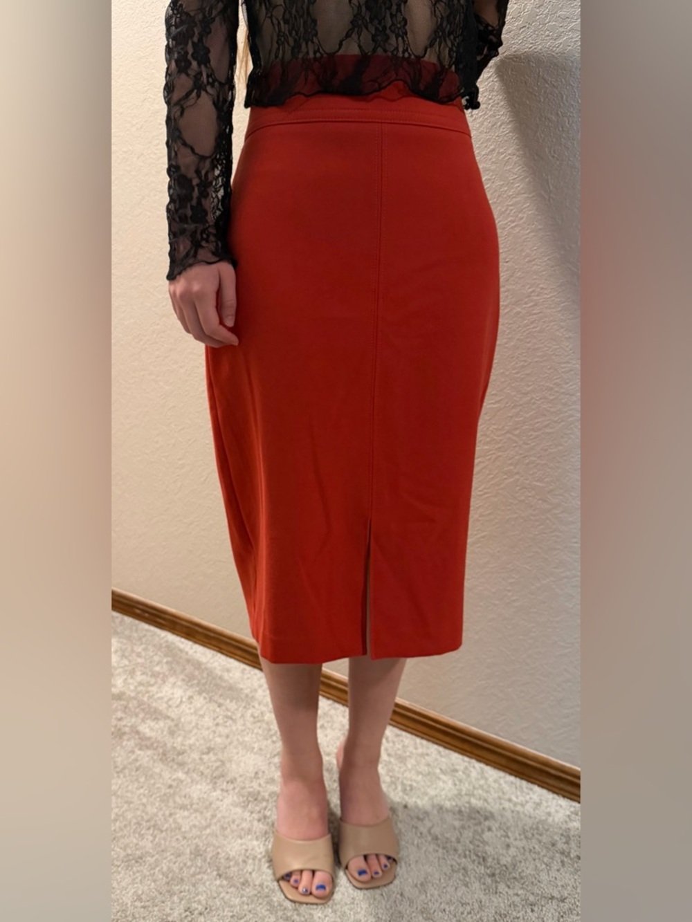 Ann Taylor Red Pencil Skirt Size 2 Front Slit Stretch Midi Career Classic Office